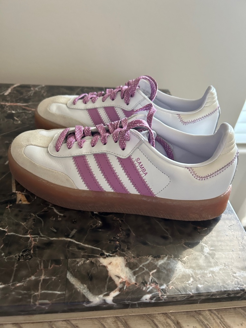 Adidas Samba Platform Sneakers in White and Purple with Gum Sole - Picture 2 of 8